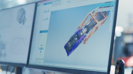 Aufkleber - Close Up of a Computer Monitor Display with 3D CAD Software Interface with Digital Hydraulic Heavy Industry Object Being Designed. Modern Factory Engineer's Office Concept.