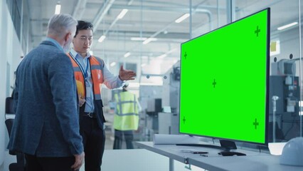 Poster - Factory Office Meeting: Director Talking with Chief Engineer in a Conference Room with TV with Green Screen Mock Up Display. Concept for Heavy Industry and Manufacturing Related Templates.