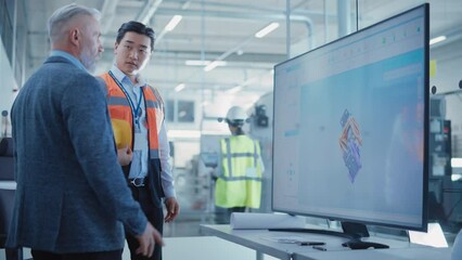 Aufkleber - Factory Office Meeting: Facility Director Talking with Chief Engineer in a Conference Room with TV Set. Heavy Industry Employees Discussing Modern Hydraulics Mechanism for Industry Equipment.