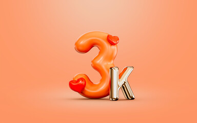 Wall Mural - 3k follower celebration orange color number with love icon 3d render concept for social banner
