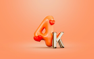 Wall Mural - 4k follower celebration orange color number with love icon 3d render concept for social banner