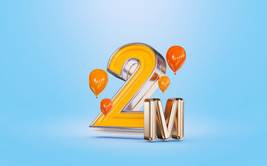 Wall Mural - 2m followers celebration social media banner with orange balloon blue background 3d render concept