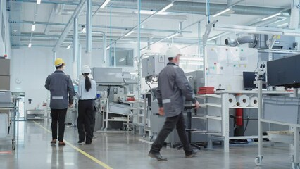 Poster - Industrial Factory: Team of Engineers, Technicians, Professionals and Workers, Working on Production Plant, Optimizing CNC Machinery, Programming Machines, Planning Projects.