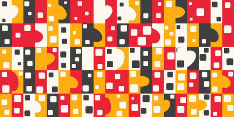 Poster - Colored tile squares and abstract texture on top. Decoration and print of surfaces from identical red-yellow tiles.