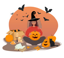 Woman, Cute Girl Dressed As A Witch Carving Pumpkin Lanterns. Celebrating Halloween Holiday, Cartoon Illustration