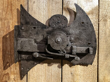 Old Medieval Door Lock On Wooden Surface