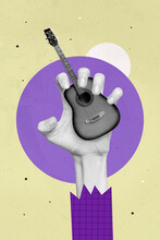 Creative Retro 3d Magazine Image Of Fingers Holding Small Little Guitar Isolated Drawing Background