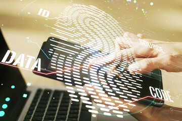 Poster - Double exposure of abstract creative fingerprint hologram with finger clicks on a digital tablet on background, protection of personal information concept