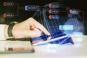 Aufkleber - Abstract creative coding illustration with world map and finger clicks on a digital tablet on background, international software development concept. Multiexposure