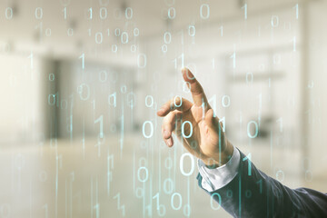 Wall Mural - Man hand working with abstract virtual binary code illustration on blurred office background. Big data and coding concept. Multiexposure