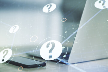Aufkleber - Creative concept of question mark illustration on modern laptop background. FAQ and search concept. Multiexposure
