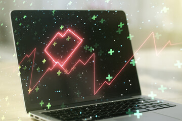 Poster - Creative abstract heart rate sketch on modern laptop background, Medicine and healthcare concept. Multiexposure