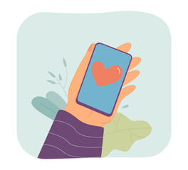 Poster - Heart on mobile phone screen flat vector illustration. Person getting love message from social media. Communication, care, romance concept for banner, website design or landing web page