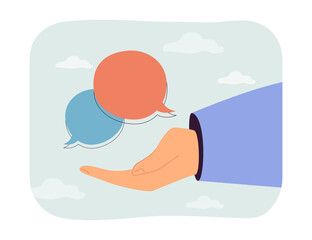Poster - Speech or text bubbles on human hand flat vector illustration. Communication, social media, conversation, community concept for banner, website design or landing web page