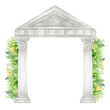 Watercolor antique corinthian column with tropical leaves flowers, Ancient Classic Greek Corinthian order, Roman Columns frame, Pillar Architecture drawing illustration isolated on white background
