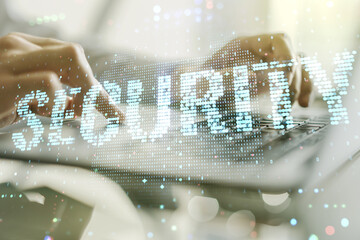 Aufkleber - Cyber security creative concept with hands typing on computer keyboard on background. Double exposure