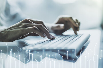 Aufkleber - Creative abstract micro chip hologram and hands typing on computer keyboard on background, artificial intelligence and machine learning concept. Multi exposure