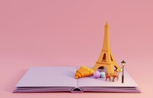 Pop Up Book With Traditional Symbols Of Architecture And Culture Of Paris, French. 3D Render Illustration.