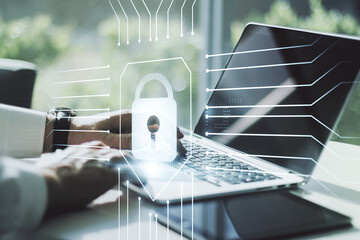Aufkleber - Creative lock sketch with chip hologram and hands typing on computer keyboard on background, protection of personal data concept. Multiexposure