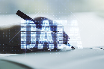 Poster - Creative Data word sign and man hand writing in notebook on background. Multiexposure