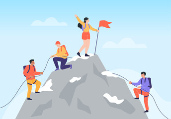Woman and men climbing rope on snow mountain. Team of climbers with flag on summit, top or peak of rock, helping each other flat vector illustration. Hiking, success, extreme sport concept
