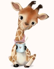 Little Giraffe  With A Glass Of Coffee And Milk