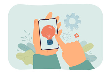 Poster - Lightbulb on phone screen in hands flat vector illustration. Creative idea, innovation, business, technology, startup concept for banner, website design or landing web page