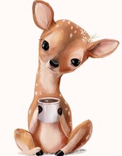 Cute Fawn With Coffee Cup
