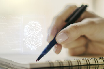 Poster - Double exposure of abstract creative fingerprint hologram with woman hand writing in notepad on background, protection of personal information concept