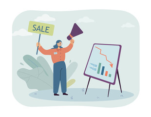 Poster - Girl holding loudspeaker and banner with word sale. Woman announcing sale flat vector illustration. Advertisement, promotion concept for banner, website design or landing web page