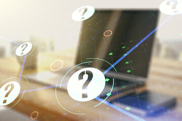 Aufkleber - Double exposure of question mark hologram and modern desktop with laptop on background. Sociology and psychology concept