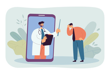 Poster - Doctor on phone screen and desperate patient. Male patient having online therapist appointment flat vector illustration. Disease, medicine concept for banner, website design or landing web page