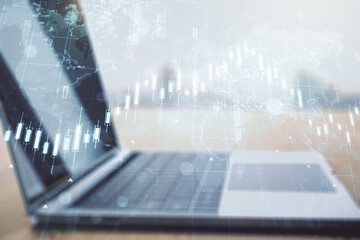 Poster - Multi exposure of abstract creative financial chart with world map on laptop background, research and analytics concept