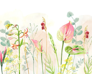 Wall Mural - Hand painted watercolor floral bouquet. Iceland Poppies, anthurium, eucalyptus illustration isolated on white l background, print, invitation or greeting cards, garden cover for your text.