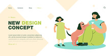 Daughter Watching Mother Playing With Dog On Ground. Woman Holding Bone For Adorable Puppy Flat Vector Illustration. Family, Domestic Animals Concept For Banner, Website Design Or Landing Web Page