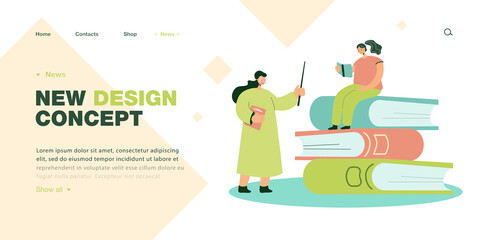 Aufkleber - Girl reading on pile of books during class. Female teacher in eyeglasses and with pointer teaching lesson flat vector illustration. Education concept for banner, website design or landing web page