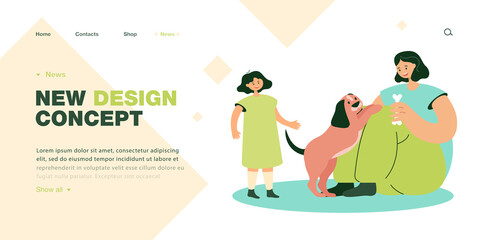 Poster - Daughter watching mother playing with dog on ground. Woman holding bone for adorable puppy flat vector illustration. Family, domestic animals concept for banner, website design or landing web page