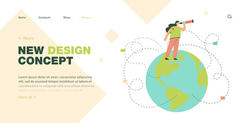 Poster - Cartoon manager looking through spyglass while standing on globe. Letters from different parts of world flat vector illustration. Global communication or business concept for banner, landing web page