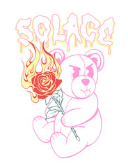 Fototapete - Teddy bear holding a flaming rose hand drawn illustration with a custom typographic slogan print design