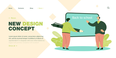 Aufkleber - Elderly teacher and student with huge pen next to blackboard. Senior person and male character in classroom flat vector illustration. Back to school, education concept for banner or landing web page