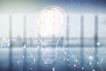 Poster - Double exposure of abstract virtual creative light bulb hologram with human brain on empty modern office background, idea and brainstorming concept