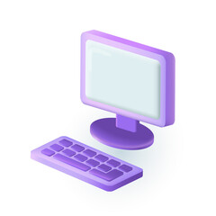 Poster - Computer with keyboard icon in 3d style. Colorful realistic PC with blank monitor on white background flat vector illustration. Cyberspace, internet, device, gadget, technology concept