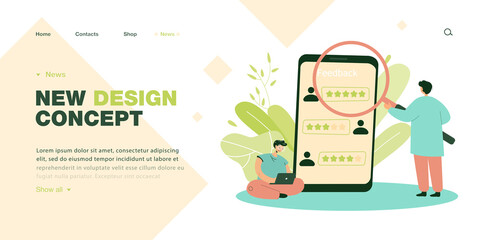 Poster - Businessman with magnifier analyzing reviews on huge phone. Satisfaction rating of app, product or service flat vector illustration. Customer feedback concept for banner, website design, landing page