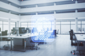 Aufkleber - Double exposure of virtual creative fingerprint hologram on modern corporate office background, research and development concept