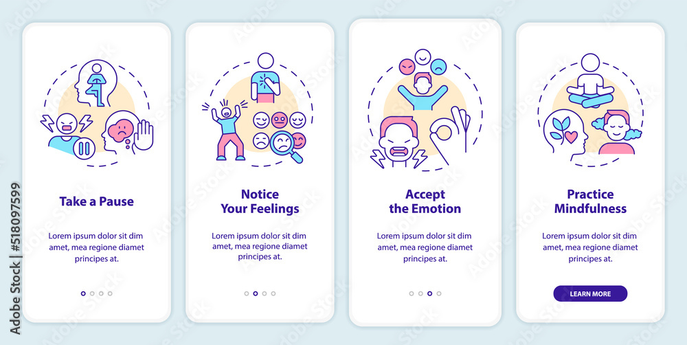 Emotional regulation skills onboarding mobile app screen. Walkthrough 4 ...