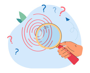 Fototapete - Hand of detective studying fingerprint under magnifying glass. Person identifying criminal flat vector illustration. Crime, security, investigation concept for banner, website design or landing page
