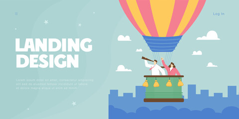 Fototapete - Business persons in hot air balloon searching for employees. Happy creative people finding work or vacancy flat vector illustration. Hiring, job search or hunting concept for banner, landing web page