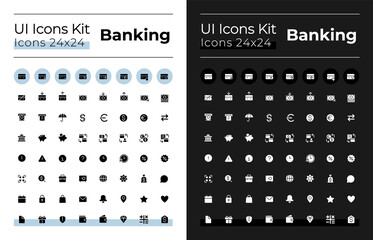 Wall Mural - Banking glyph ui icons set for dark, light mode. Money transactions. Silhouette symbols for night, day themes. Solid pictograms. Vector isolated illustrations. Montserrat Bold, Light fonts used