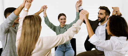 Poster - People holding hands at group therapy session indoors. Banner design