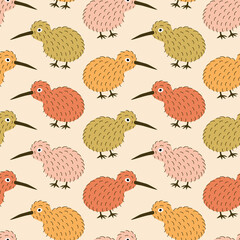 Wall Mural - Cute colorful kiwi birds hand drawn vector illustration. Funny New Zealand furry bird in flat style seamless pattern for kids fabric or wallpaper.